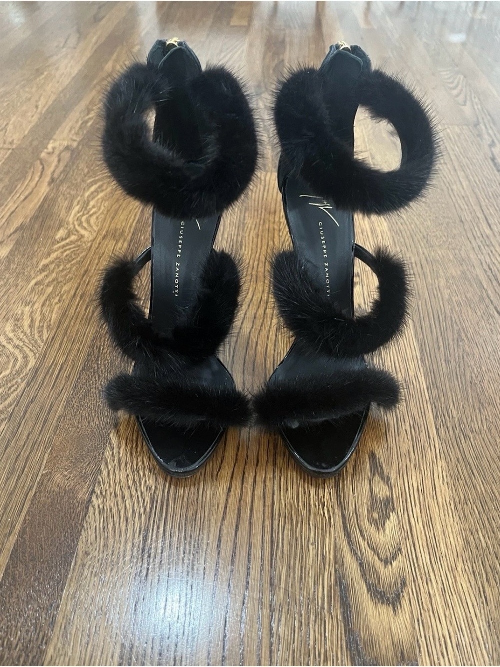 Giuseppe Zanotti Black Fur Strap High Heel Sandals real mink